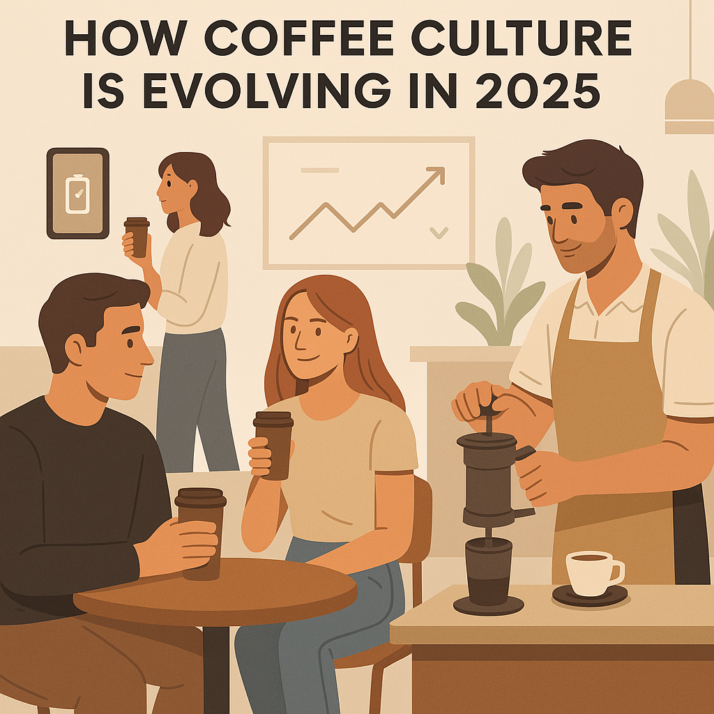 People enjoying coffee with portable brewers in a modern café setting, representing the evolution of coffee culture in 2025.