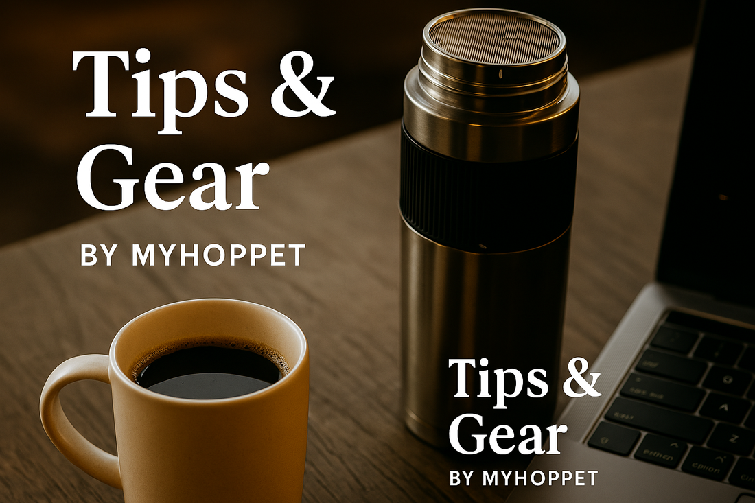 Stainless steel portable coffee maker and espresso cup on a desk with laptop — banner image for coffee tips and gear by MyHoppet.