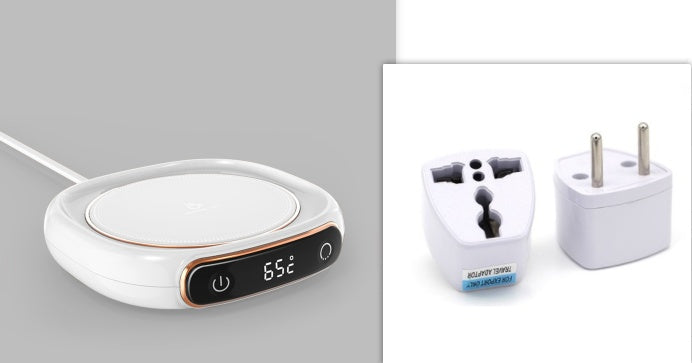 White smart mug warmer with temperature control and universal plug adapter set