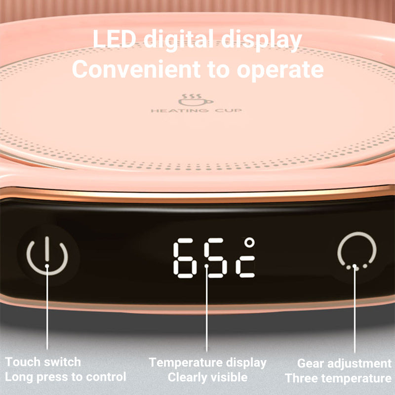 LED display coffee mug warmer showing 65°C with touch control and adjustable temperature settings for precise heating.