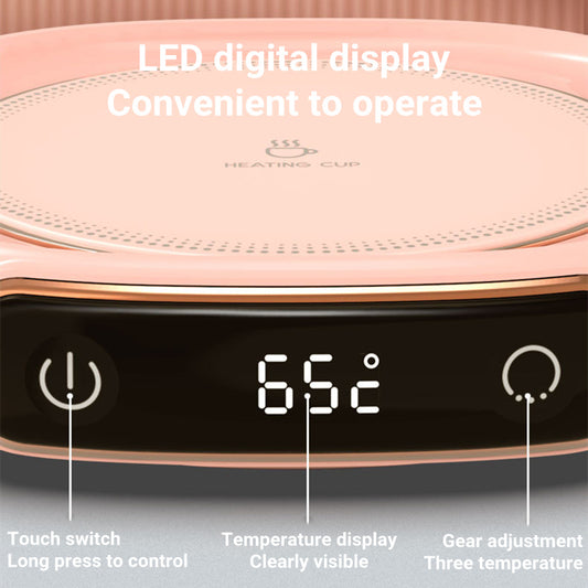LED display coffee mug warmer showing 65°C with touch control and adjustable temperature settings for precise heating.