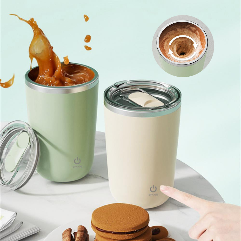 Green and beige AutoMug Pro™ cups with chocolate splash and magnetic vortex technology