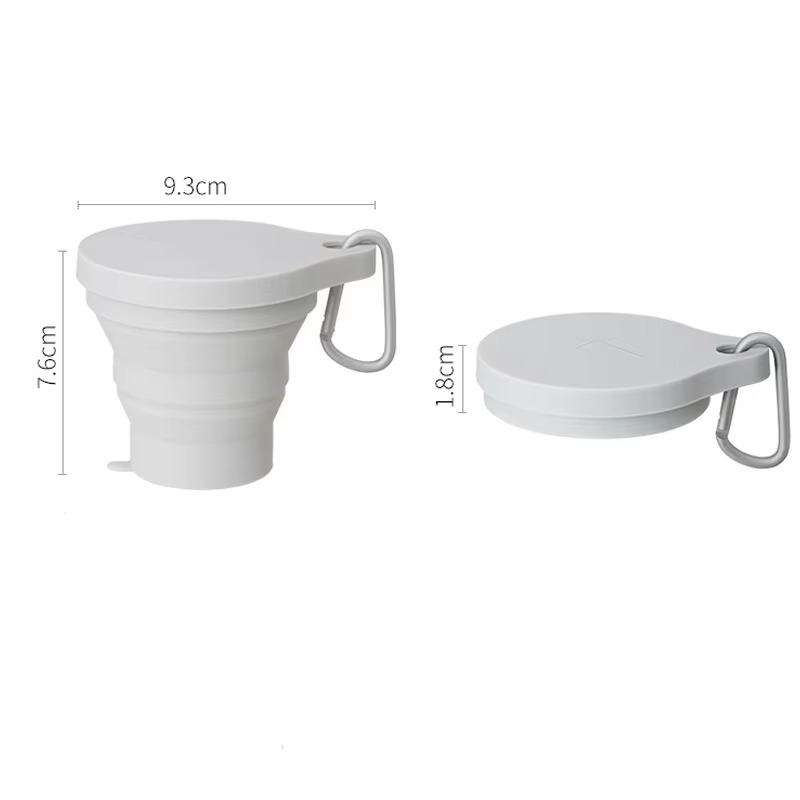 The GoCup™ - Collapsible Travel Mug in white with measurements, demonstrating its foldable design and leakproof lid for travel use.