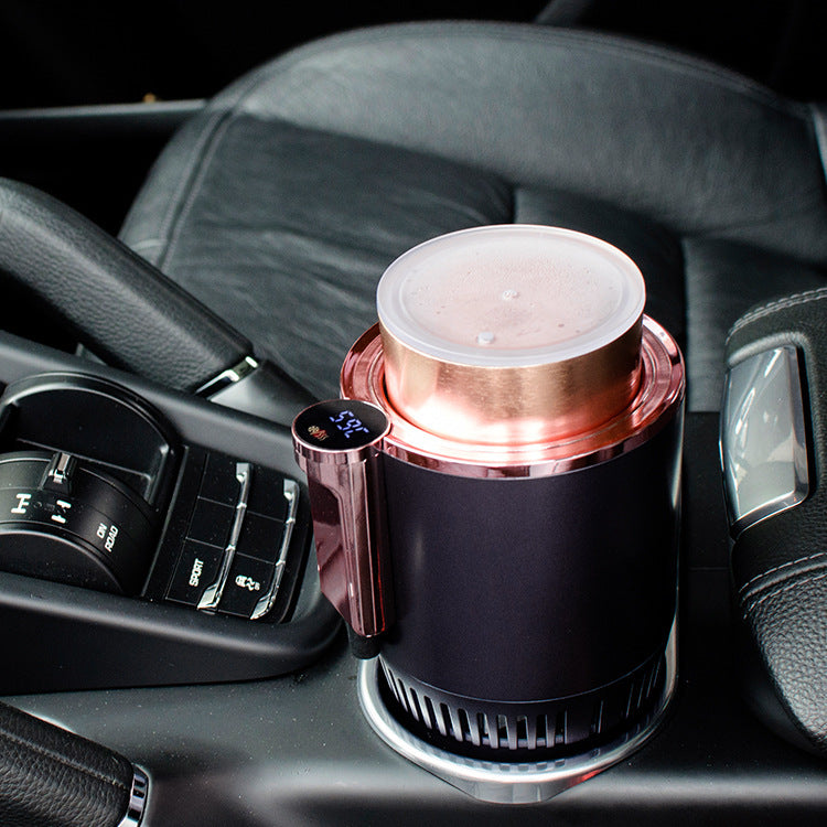Black smart car mug warmer with digital temperature display in vehicle