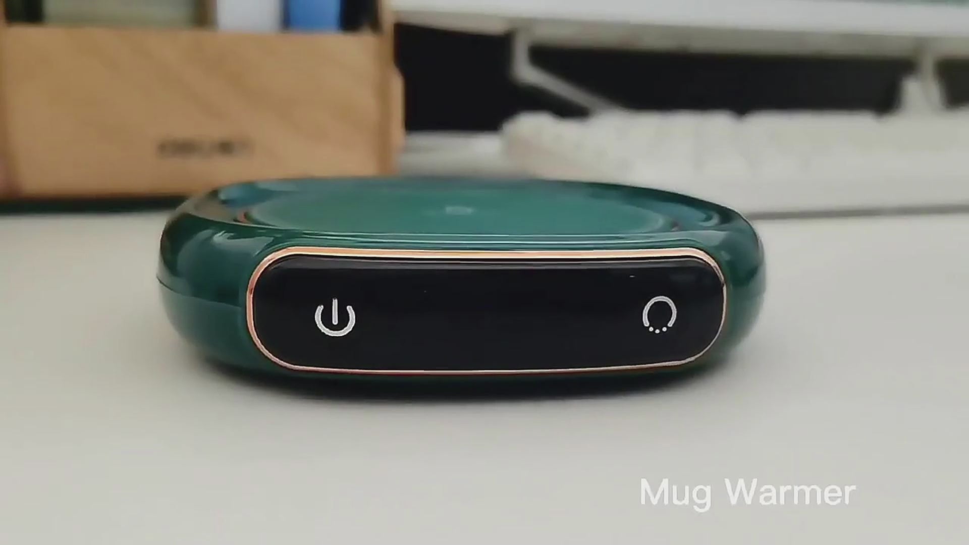 Portable Coffee Mug Warmer – USB Thermal Coaster with sleek black and green design, featuring power and temperature control buttons for home or office use.