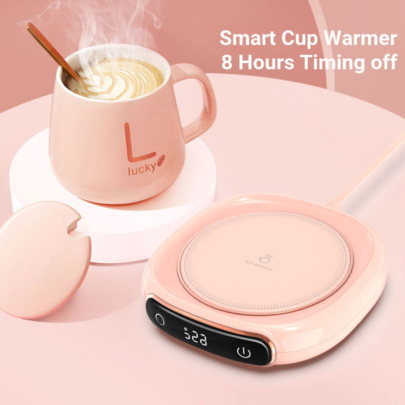 Smart pink coffee mug warmer with digital display — 8-hour auto shut-off feature for keeping drinks warm all day.